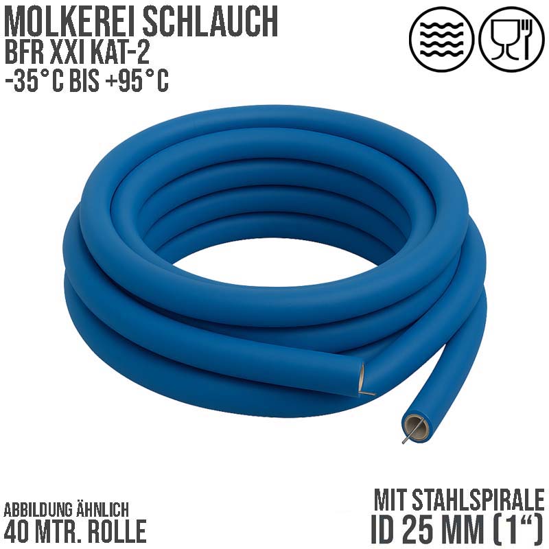 25 mm 1" Molkerei Milch Lebensmittel Schlauch Stahlspirale BfR FDA NBR NVC blau weiß - PN 10 bar - 40 m Rolle