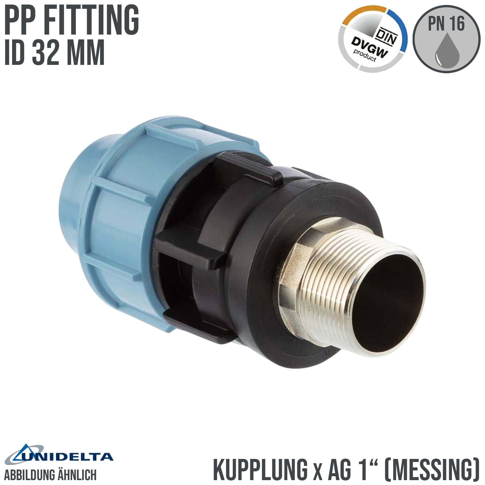 32 mm x 1" PE PP Fitting Klemm Verbinder Muffe Rohr Kupplung x Messing AG DVGW - Unidelta