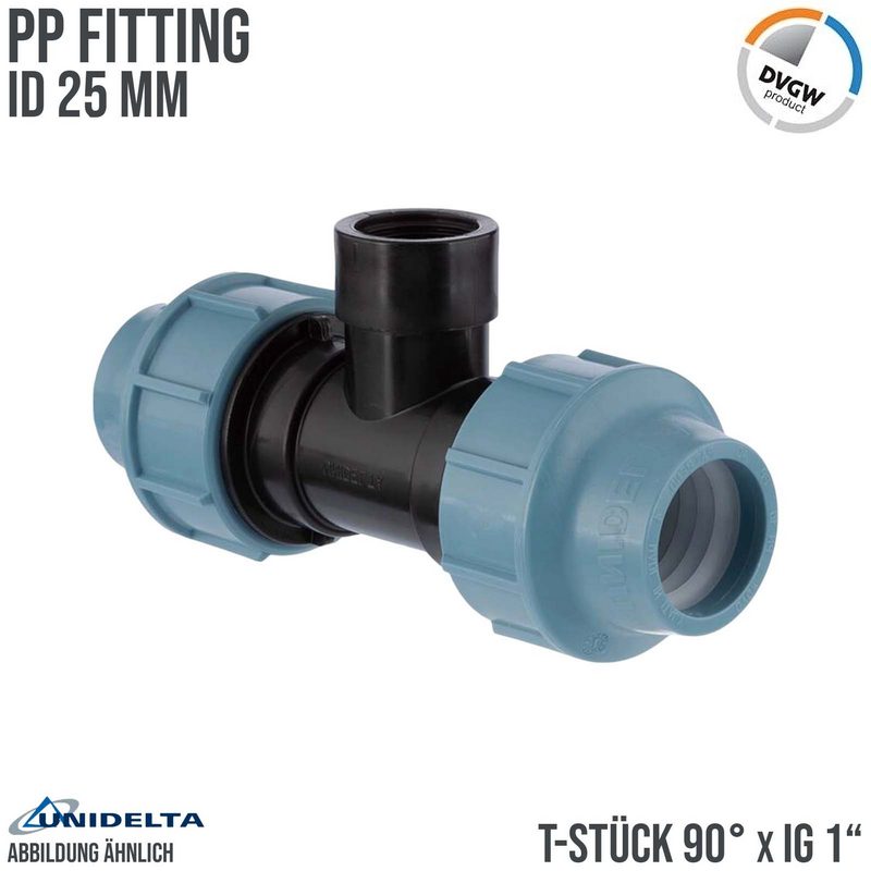 25 mm x 1" PE PP Fitting Klemm Verbinder Verschraubung Rohr T-Stück 90° x IG DVGW - Unidelta