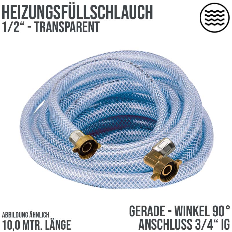 10 m Heizungs Füll Wasser Heizkörper Radiator Sanitär Schlauch transparent - 3/4" Gerade/Winkel Anschluss - PN 8 bar
