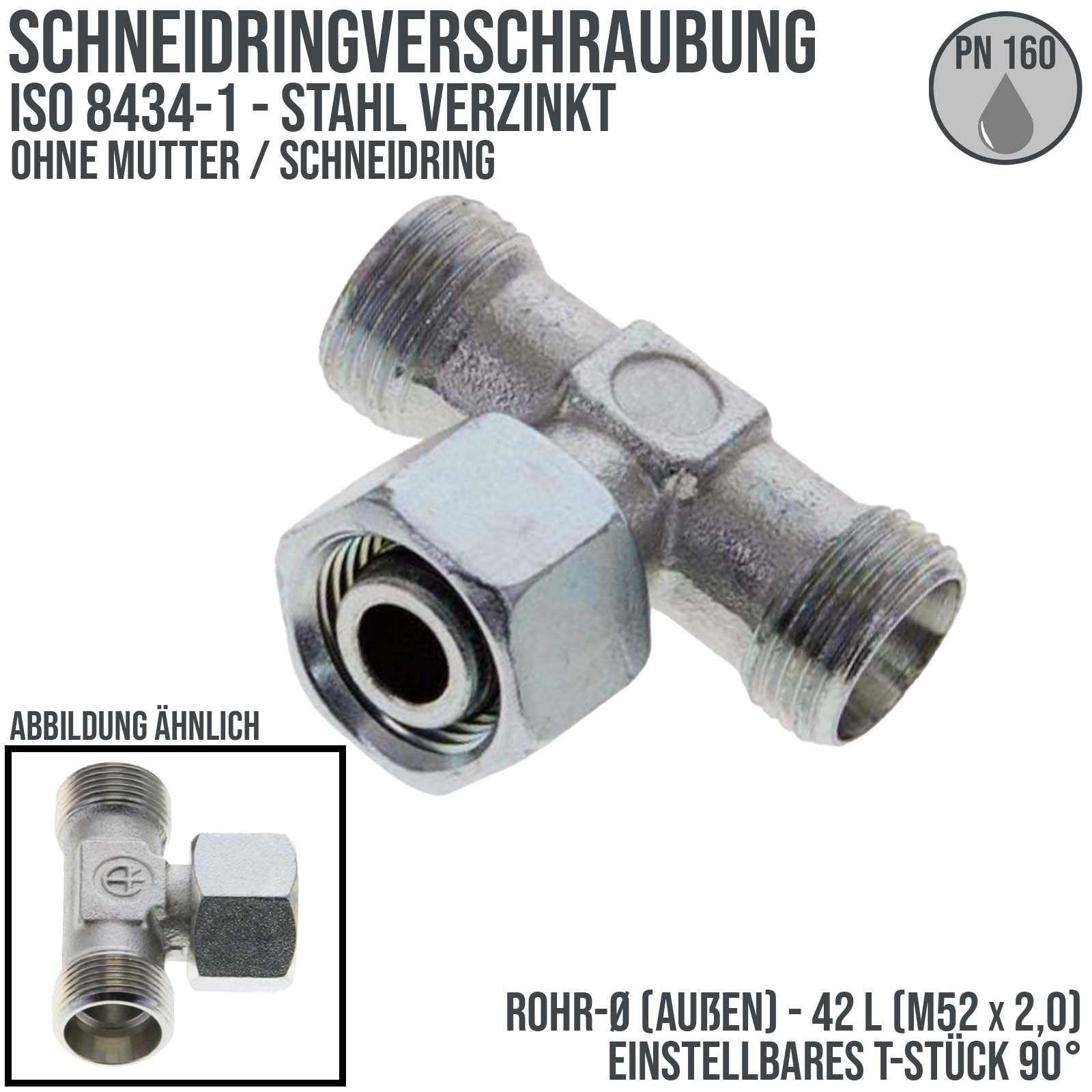 42 L Schneidring Verschraubung einstellbares T-Stück 90° M 52 x 2,0 AG x IG ohne Mutter / Schneidring - PN 160 bar