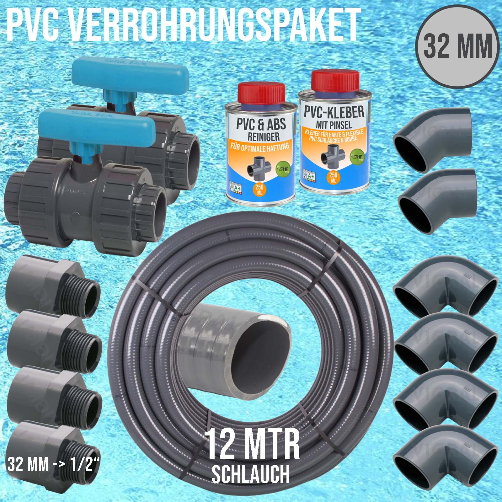 32 mm PVC Klebe Fittings Verrohrungspaket Pool Schwimmbad Schlauch FLEX (1/2") - 12 m - blau