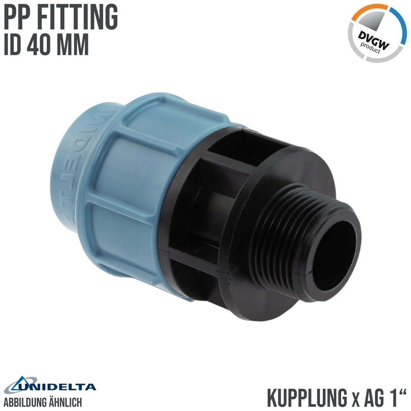 40 mm x 1" PE PP Fitting Klemm Verbinder Verschraubung Muffe Rohr Kupplung x AG DVGW - Unidelta