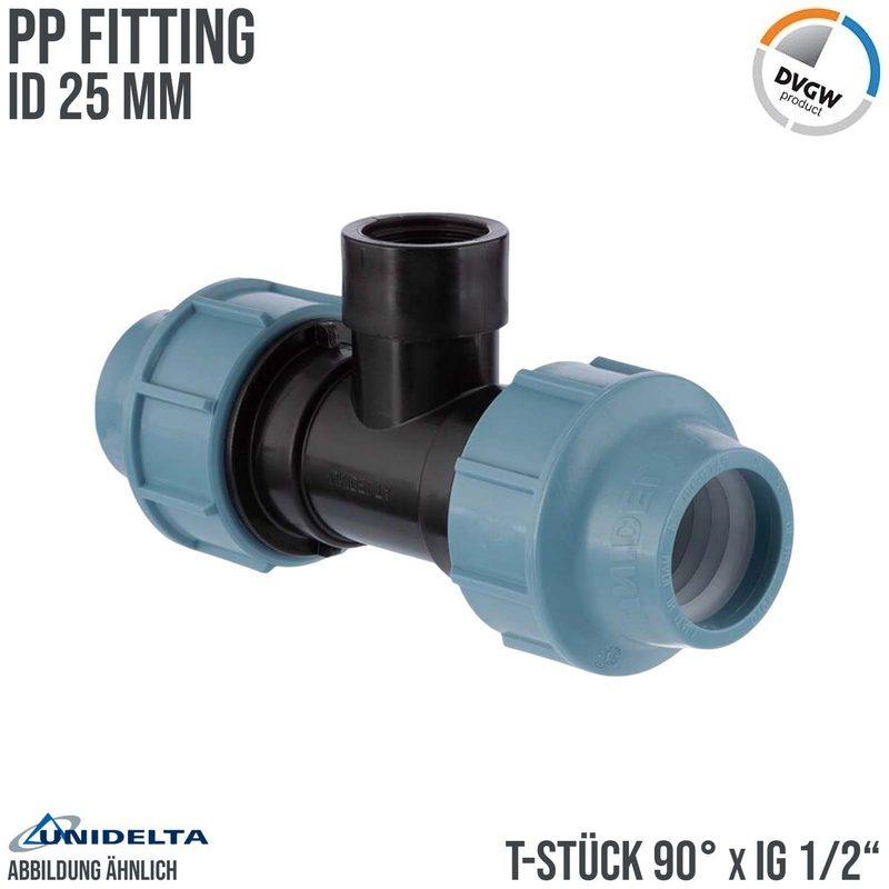 25 mm x 1/2" PE PP Fitting Klemm Verbinder Verschraubung Rohr T-Stück 90° x IG DVGW - Unidelta