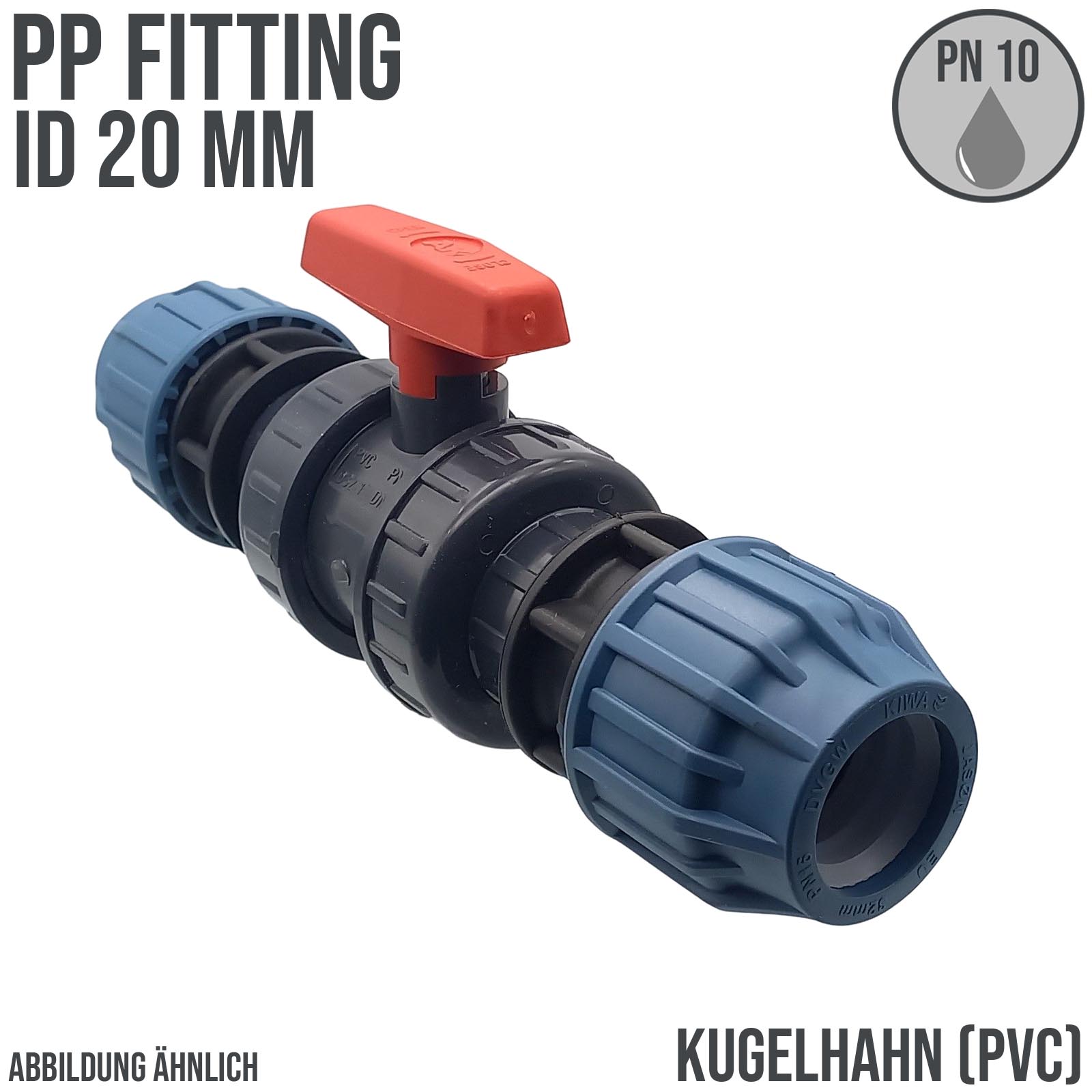 20 mm PE PP Fitting Klemm Verbinder Verschraubung Kugelhahn (rot) mit 2-fach Muffe