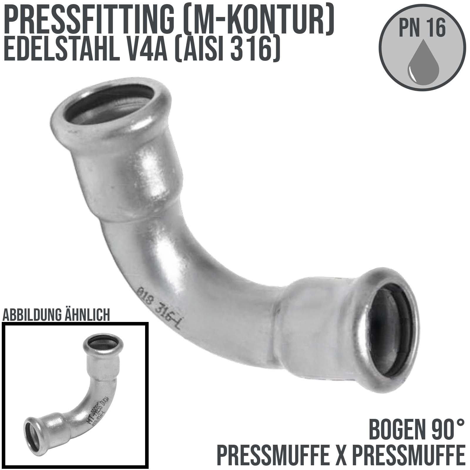54 mm Bogen 90° Press x Pressmuffe Edelstahl AISI 316 Fittings PN 16 bar