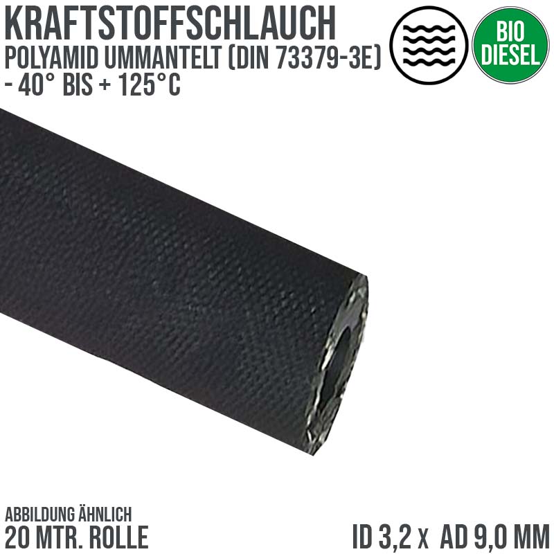 3,2 x 9 mm Kraftstoff Benzin Öl Bio Raps RME Schlauch schwarz DIN 73379 - PN 10 bar - 20m