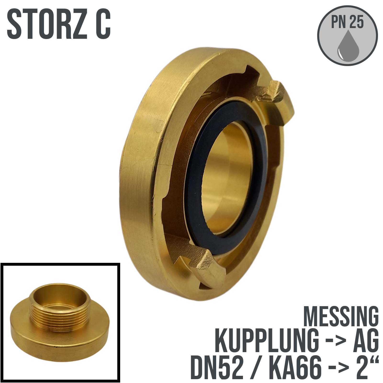 STORZ C DN52 KA66 Messing Kupplung mit Außengewinde (AG) 2" Saug Bau Feuerwehr Schlauch PN 25 bar NBR Dichtung