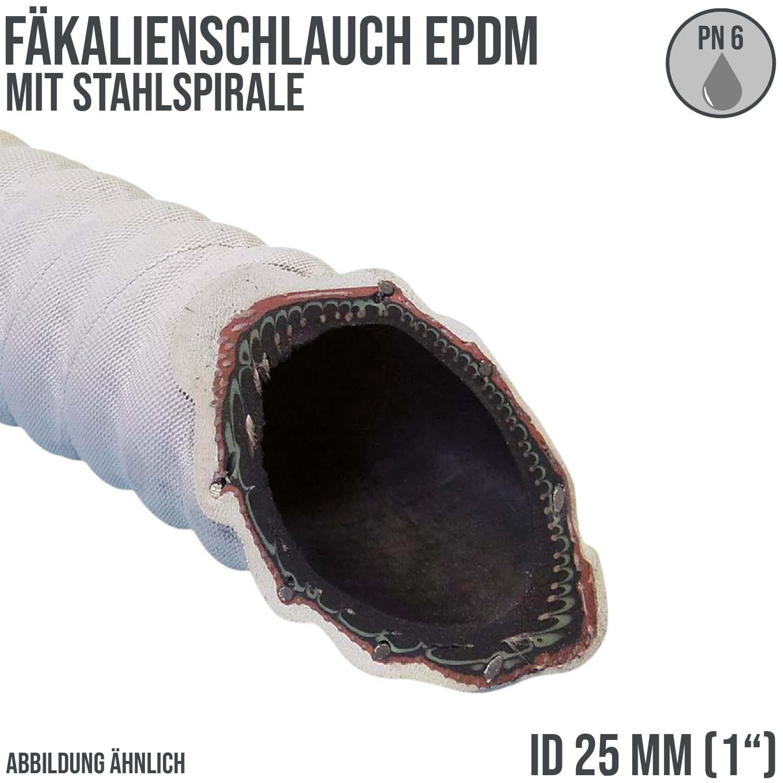 25 mm 1" Zoll Fäkal Fakalien Saug Ansaug Spiral Förder Abwasser Schlauch EPFM weiß PN 6 bar