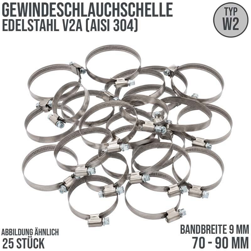 70 - 90 mm Schlauchschelle W2 Edelstahl AISI 430 Rohr Gewinde Schelle (Band 9 mm) - 25 Stück