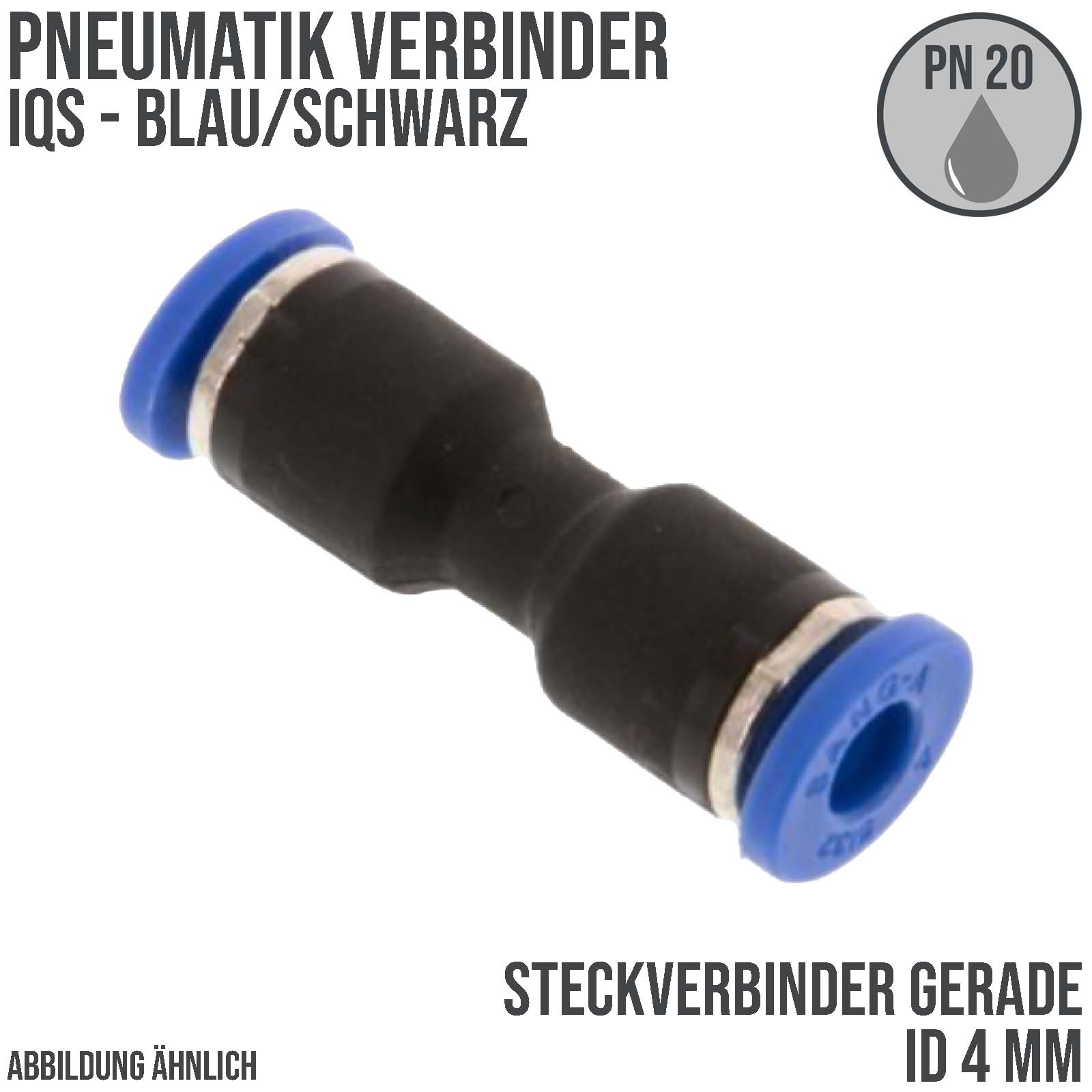 4 mm Pneumatik Schnell Steck Verbinder IQS gerade blau/schwarz PA PU Schlauch - PN 20 bar