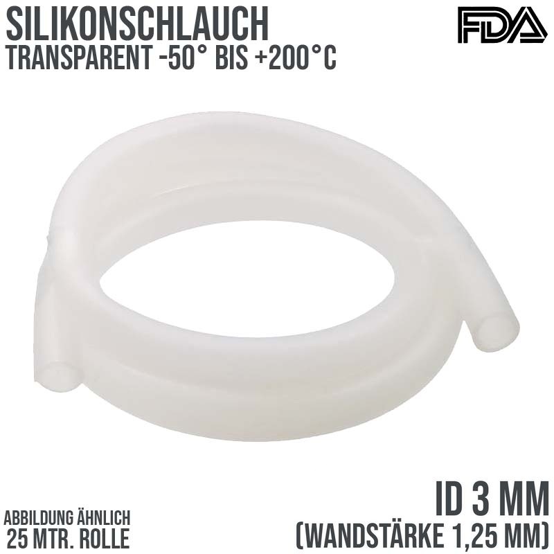 3 x 5,5 mm Silikon Silicon Milch Schlauch transparent lebensmittelecht FDA 0,60 bar - 25 m