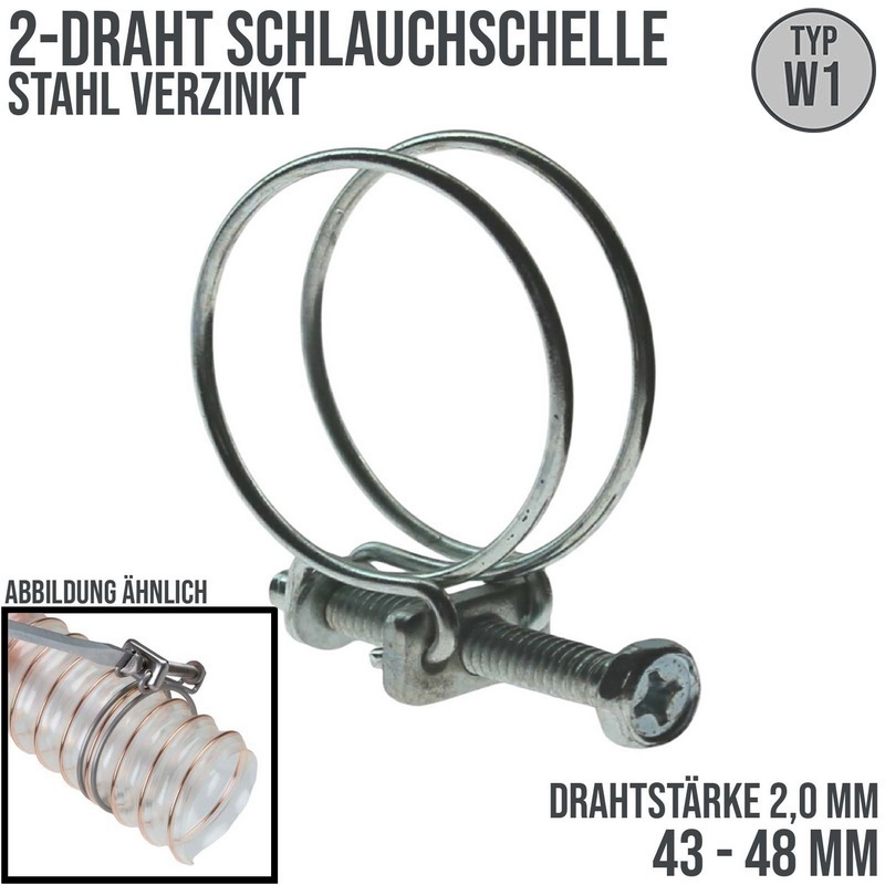 43 - 48 mm 2-Draht Schlauch Schelle W1 Stahl verzinkt Schraube M6 x 50 Draht 2,0 mm