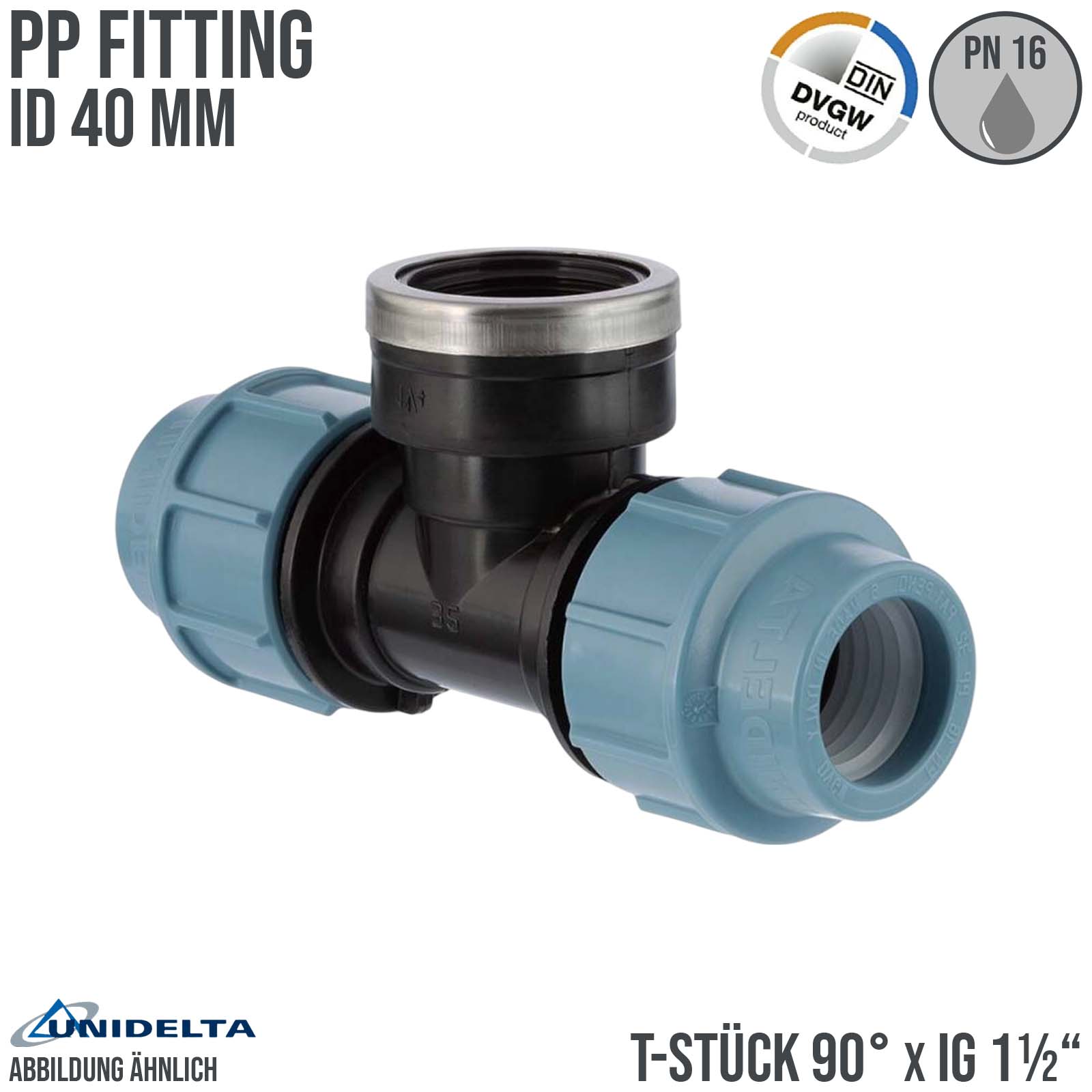 40 mm x 1 1/2" PE PP Fitting Klemm Verbinder Verschraubung Rohr T-Stück 90° x IG DVGW - Unidelta 