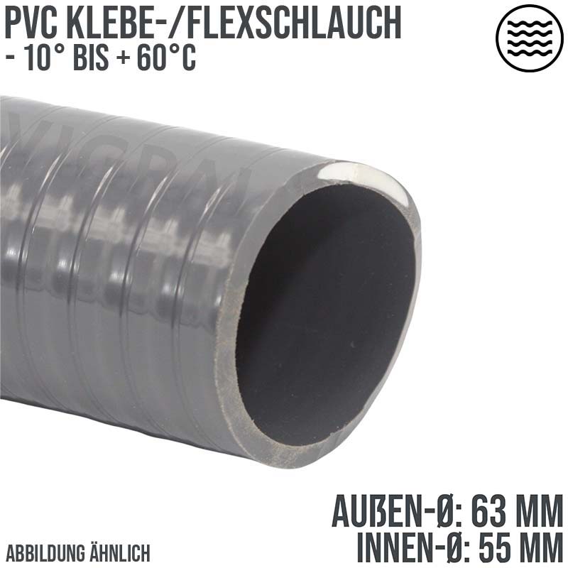 63 x 55 mm PVC Klebe Flex Spiral Schwimmbad Pool Teich Schlauch grau PN 5 bar
