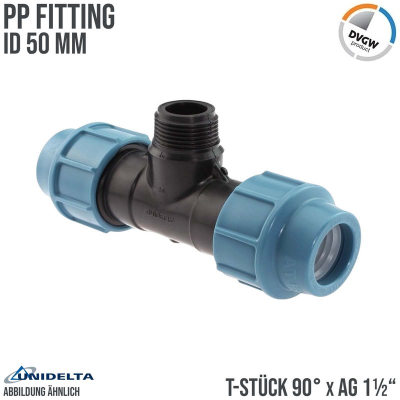 50 mm x 1 1/2" PE PP Fitting Klemm Verbinder Verschraubung Rohr T-Stück 90° x AG DVGW - Unidelta