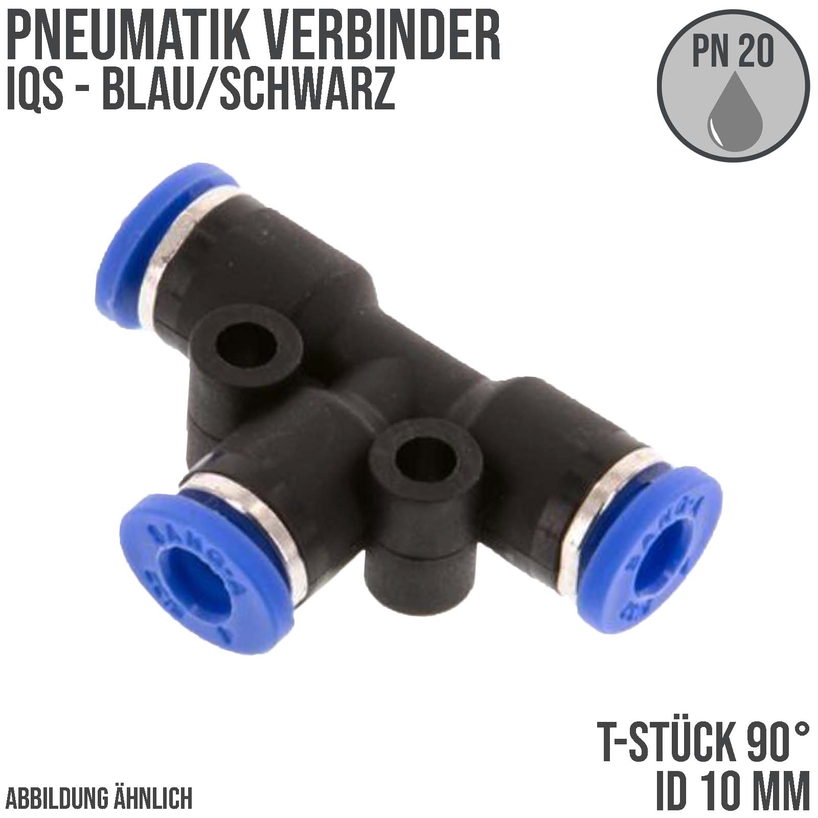 10 mm Pneumatik Schnell Steck Verbinder IQS T-Stück 90° blau/schwarz PA PU Schlauch - PN 20 bar