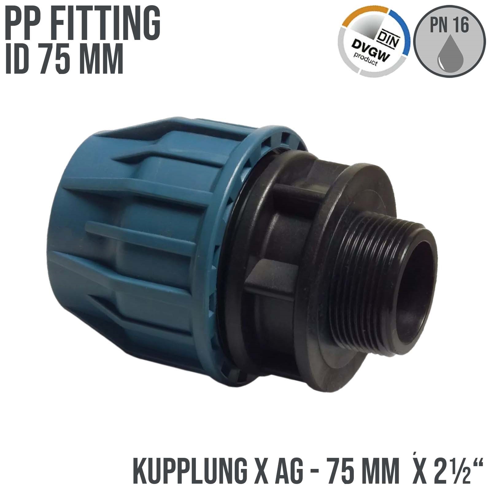 75 mm x 2 1/2" PE PP Fitting Klemm Verbinder Verschraubung Muffe Rohr Kupplung x AG DVGW - PN 16 bar