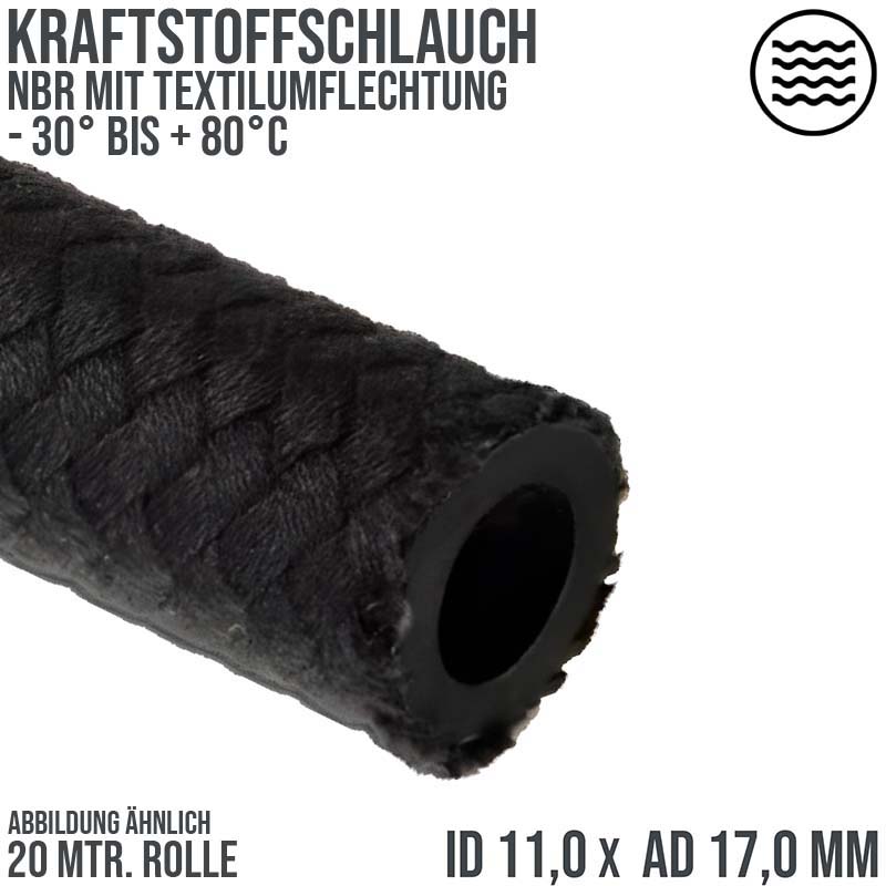 11 x 17 mm Kraftstoff Benzin Öl Schlauch Textilgeflecht schwarz DIN 73379 - PN 7 bar - 20 m