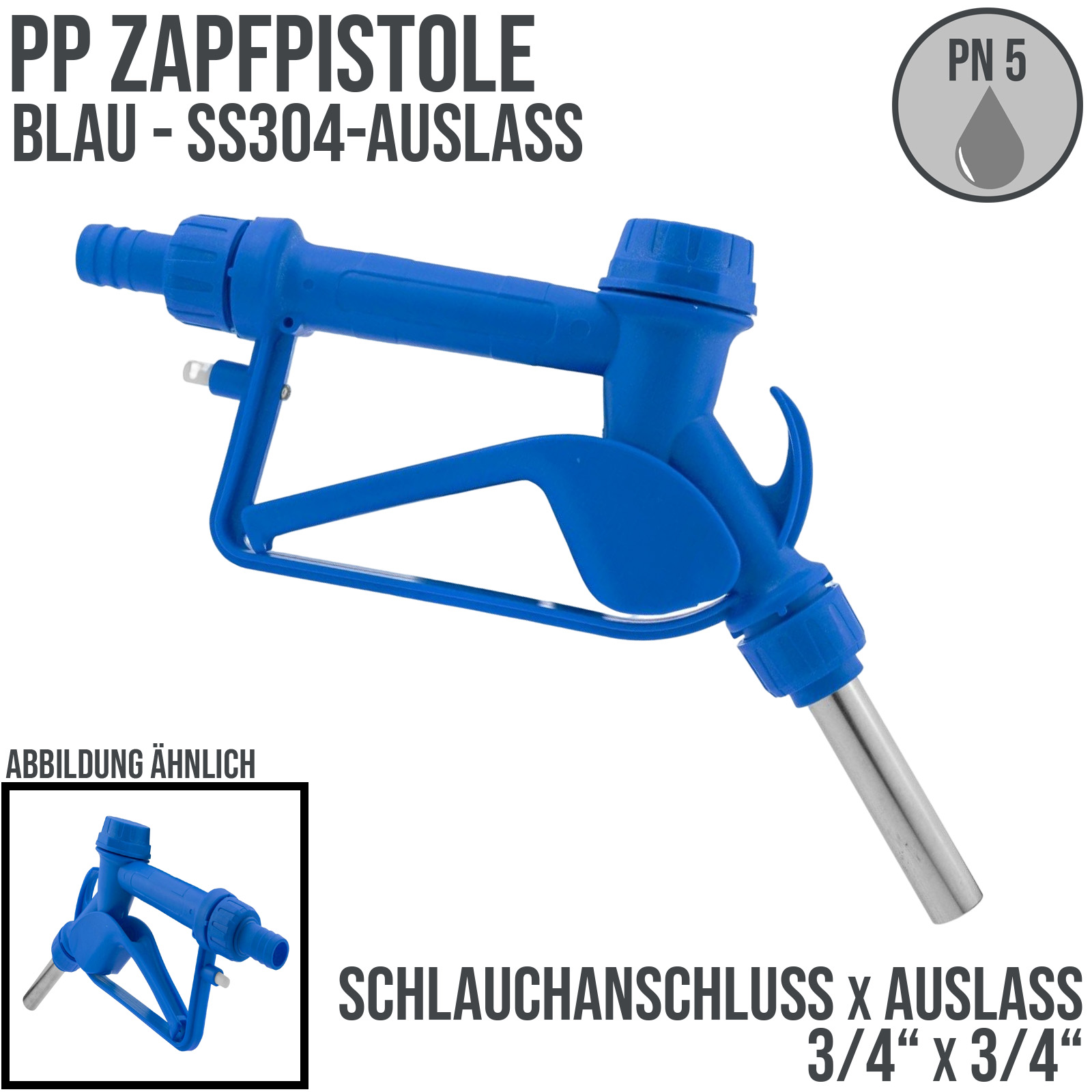 Zapfpistole (PP) blau Anschluss 3/4" auf Auslass 3/4" SS304 (für leicht ätzende Flüssigkeiten)