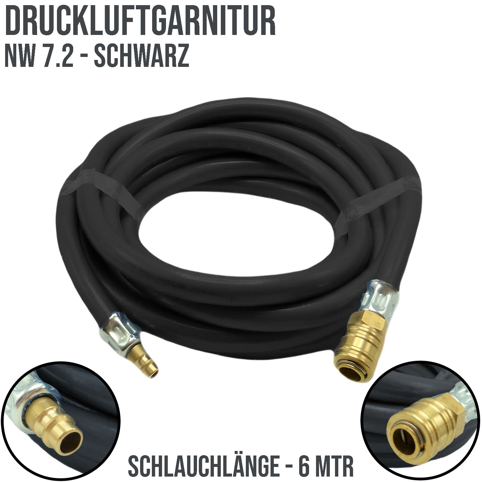 9 mm PVC Druckluft Pressluft Luft Kompressor Garnitur Schlauch schwarz - PN 22 bar - 6m