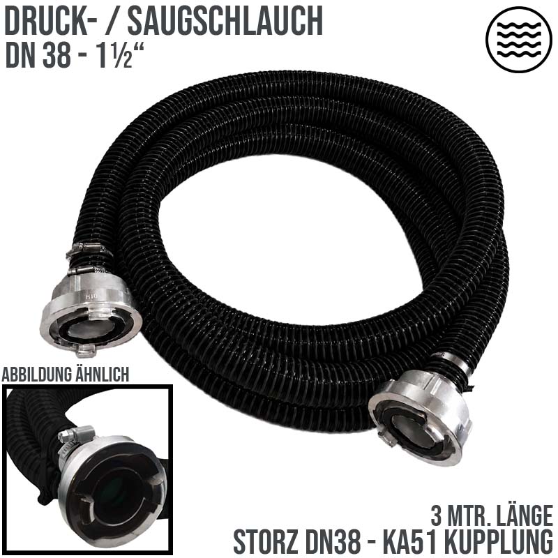 STORZ DN38 KA51 - 38 mm 1 1/2" PVC Saug Ansaug Pumpen Spiral Schlauch PN 5 bar schwarz - 3 m Rolle