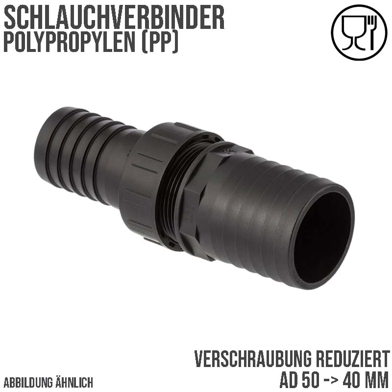 50 x 40 mm Schlauch Verschraubung reduziert 2-fach Stutzen Tülle Pool Teich Garten PP schwarz - PN 6 bar
