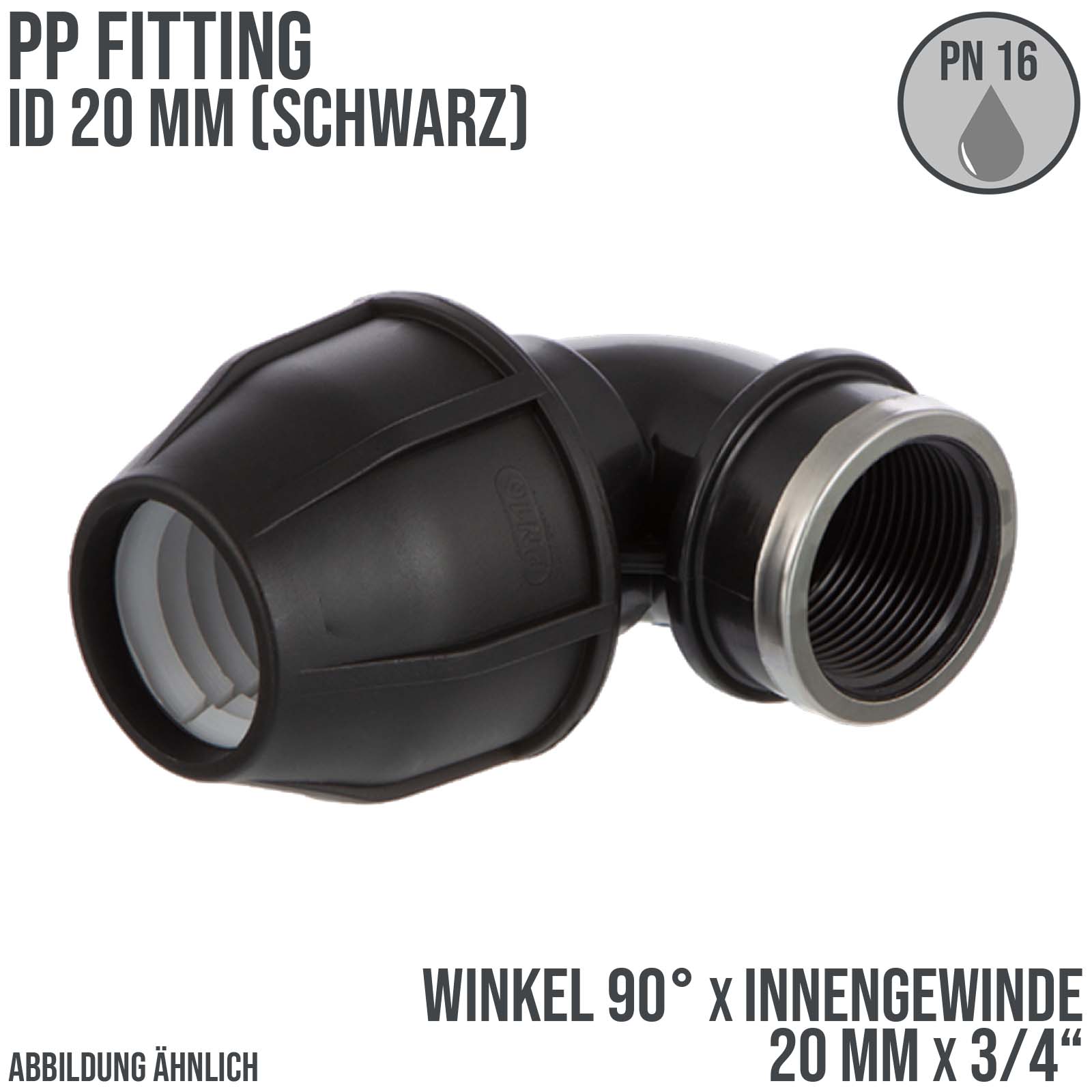 20 mm x 3/4" PE PP Fitting Klemm Verbinder Verschraubung Rohr Winkel 90° x IG schwarz - PN 16 bar 