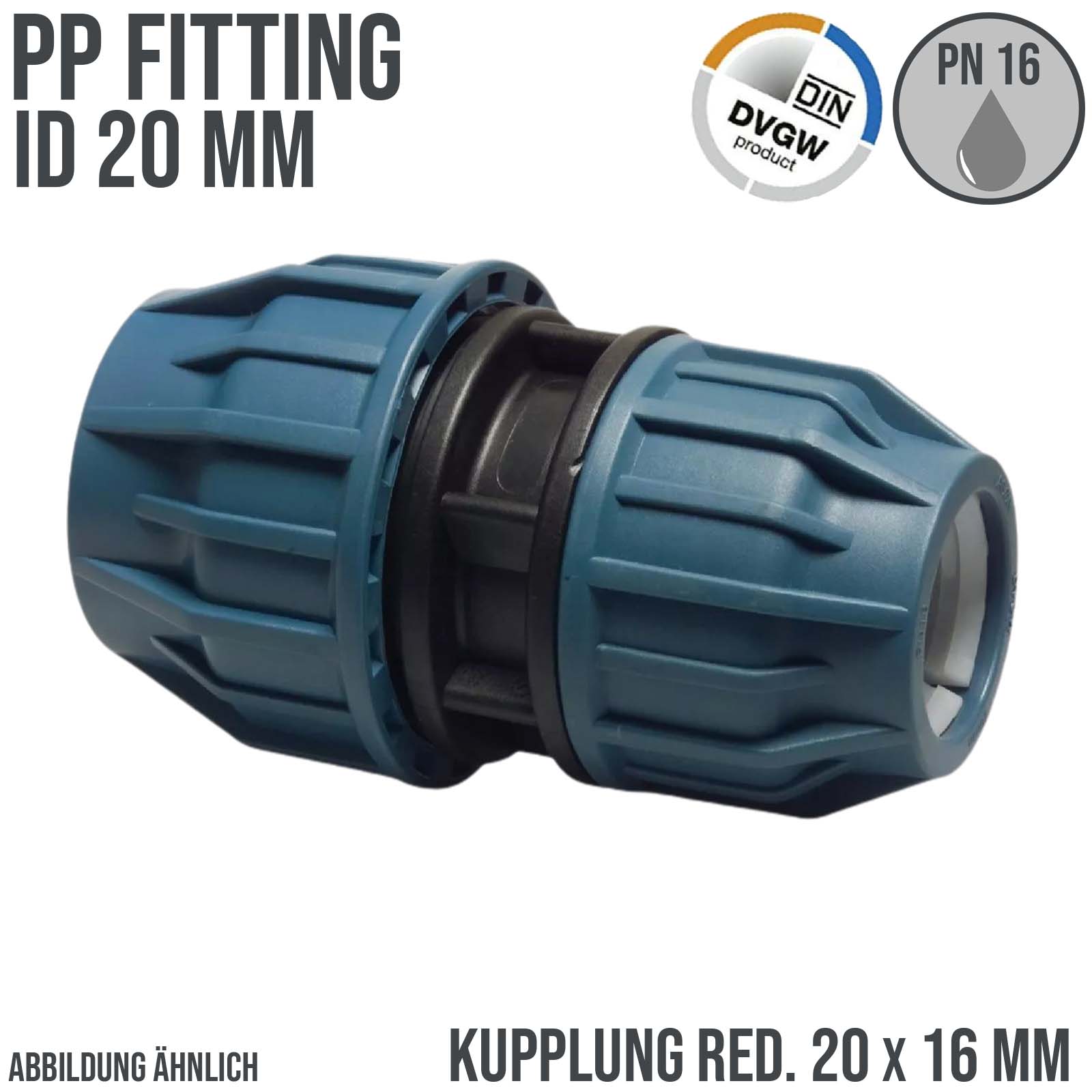 20 x 16 mm PE PP Fitting Klemm Verbinder reduziert Verschraubung Muffe Kupplung DVGW - PN 16 bar