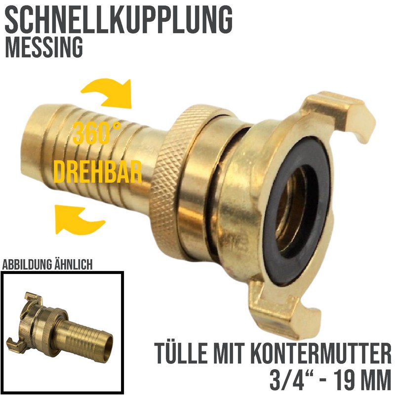3/4" 19 mm Messing Schlauch Schnell Kupplung Tülle mit Kontermutter Hochdruck (GEKA kompatibel) - PN 25 bar
