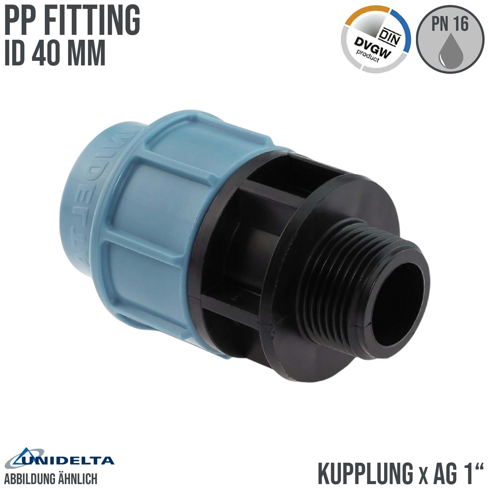 40 mm x 1" PE PP Fitting Klemm Verbinder Verschraubung Muffe Rohr Kupplung x AG DVGW - Unidelta