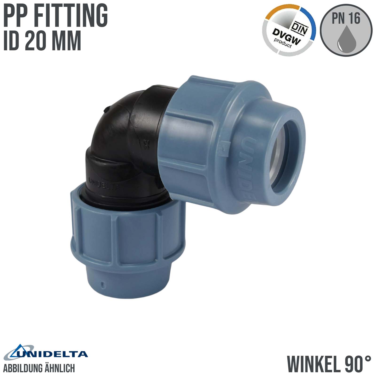20 mm PE PP Fitting Klemm Verbinder Verschraubung Muffe Rohr Winkel 90° DVGW - Unidelta