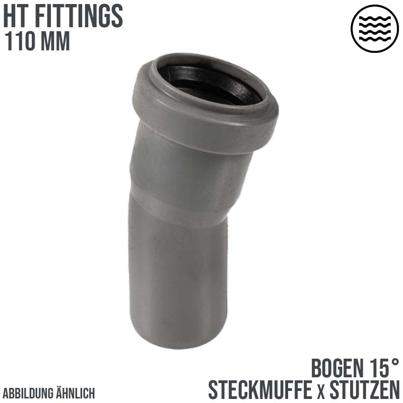 110 mm PP Bogen 15° Abzweig Abfluß Abwasser HT KG Rohr Steckmuffe x Stutzen grau