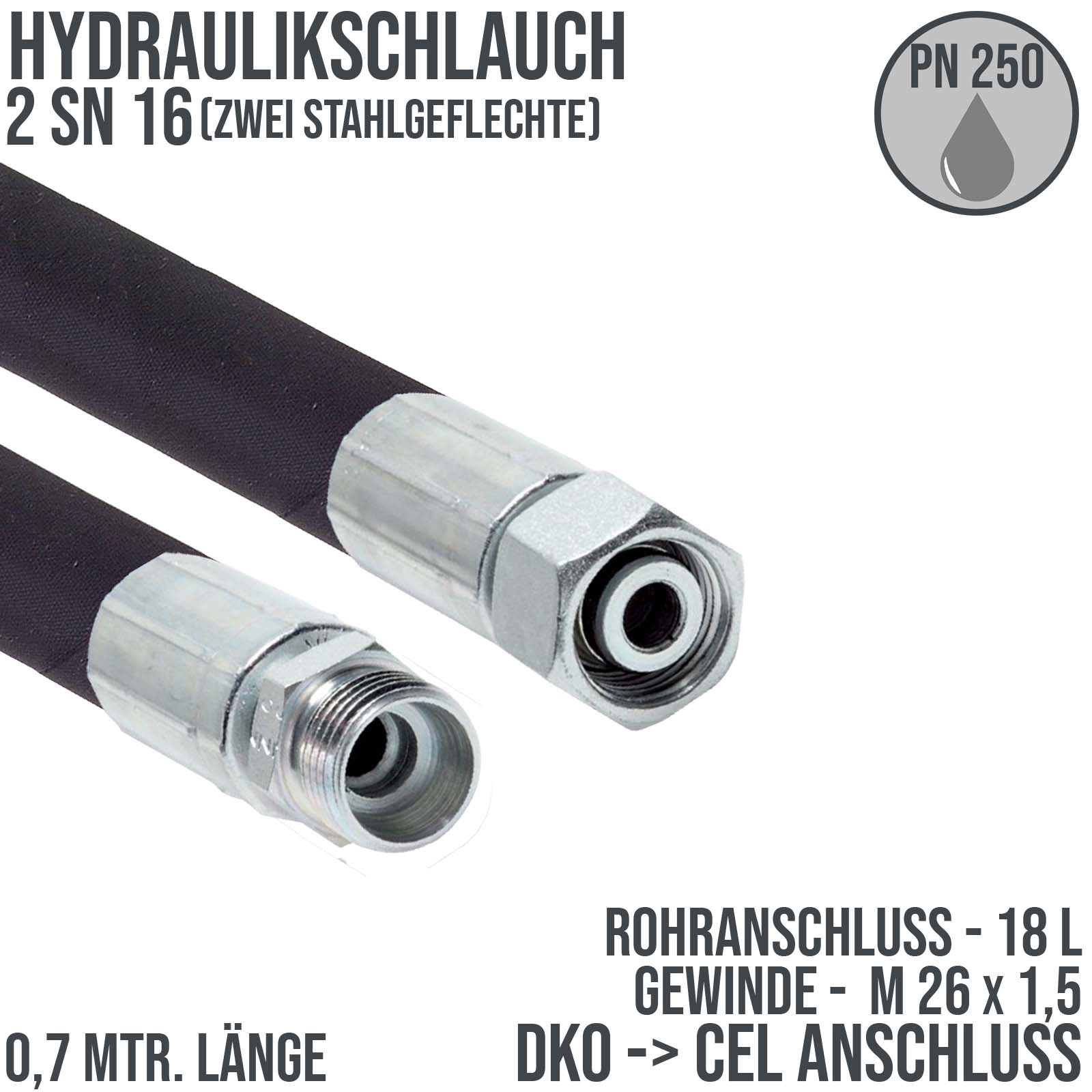 Hydraulikschlauch DN 16 2SN16 - 18 L DKO (IG) auf CEL (AG) Anschluss (M 26 x 1,5) - 700 mm