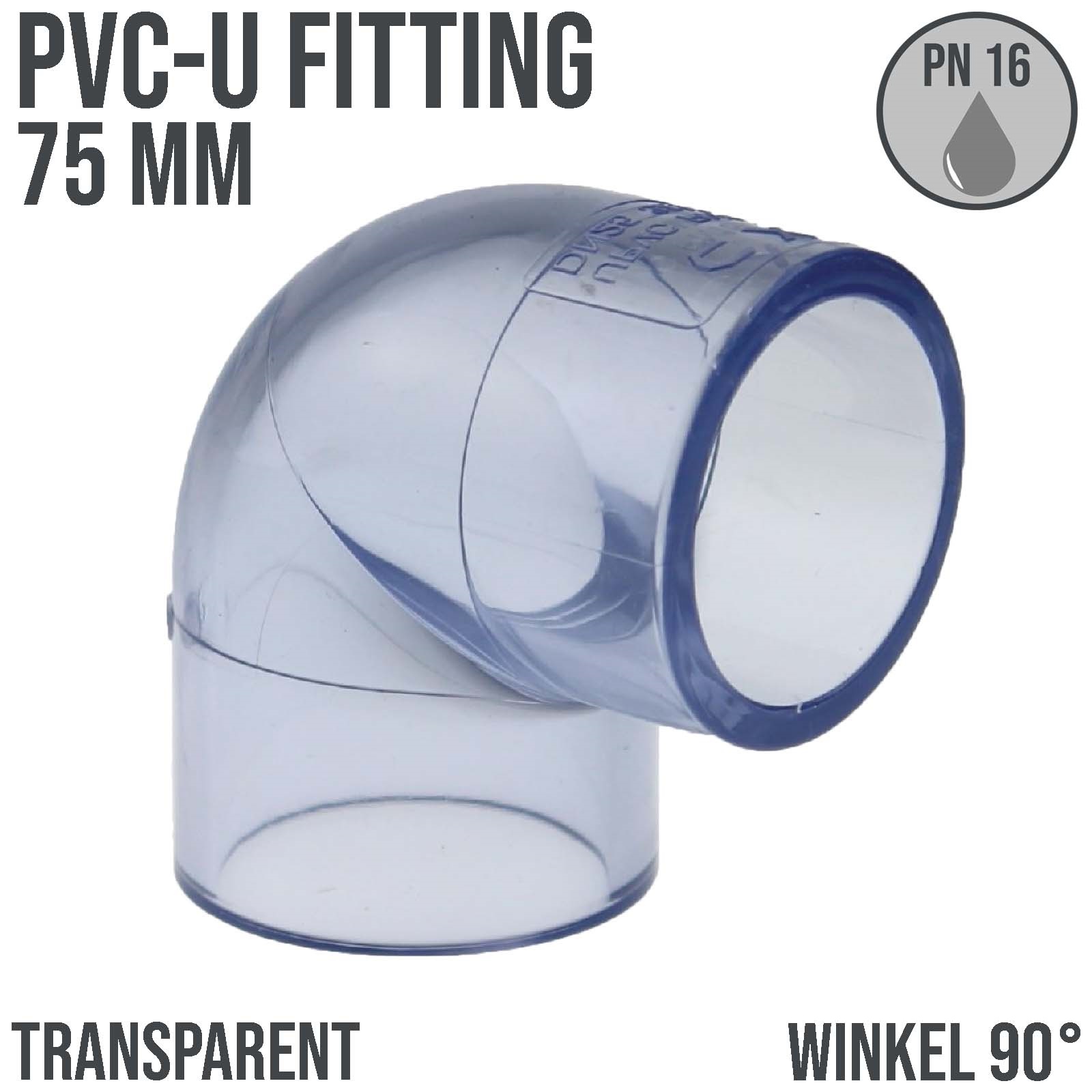 75 mm PVC Klebe Fitting Winkel 90° Muffe Verbinder - transparent durchsichtig - PN 16 bar
