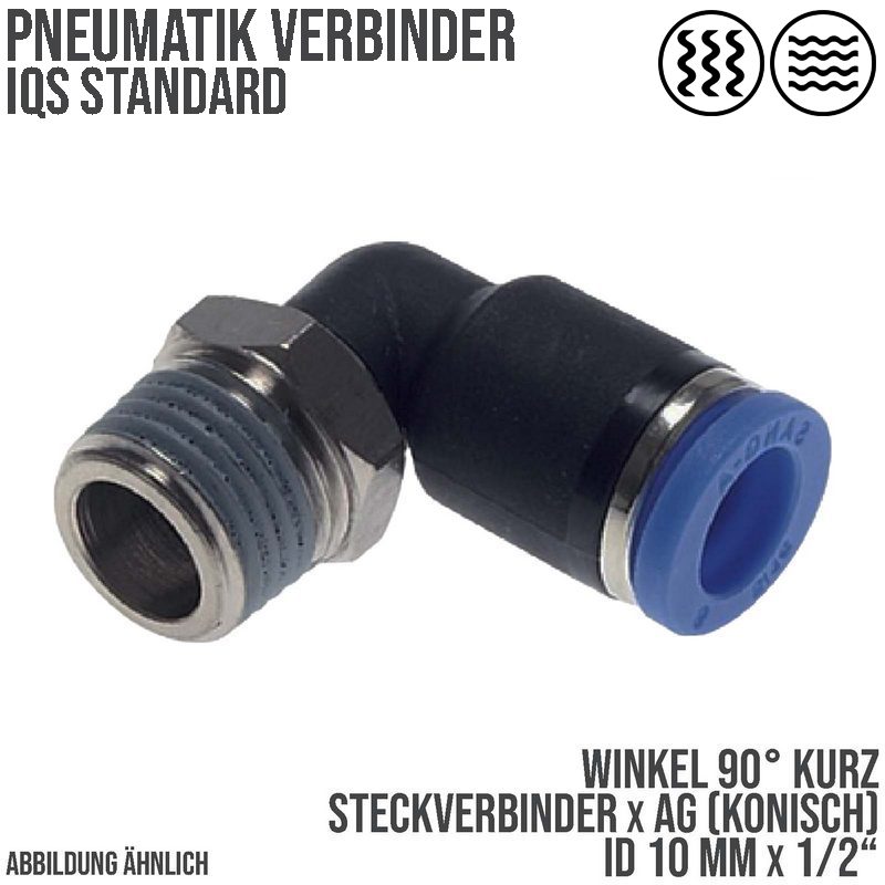 10 mm x 1/2" Pneumatik Steck Verbinder Winkel 90° kurz IQS Außengewinde konisch - PN 20 bar