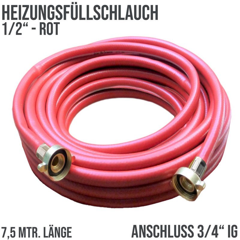 7,5 m Heizungs Füll Wasser Heizkörper Radiator Sanitär Schlauch rot 3/4" Anschluss - PN 8 bar