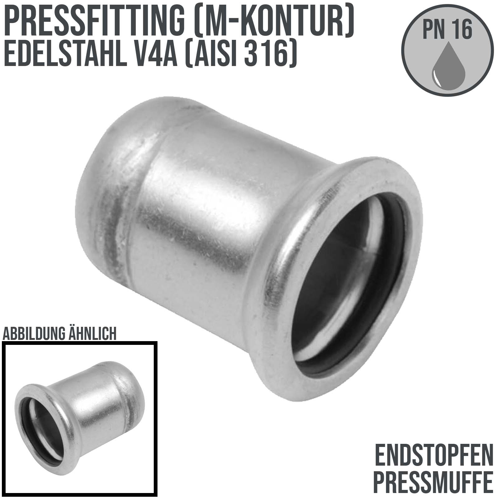 54 mm End Verschluss Stopfen Press Muffe Edelstahl AISI 316 Fittings PN 16 bar