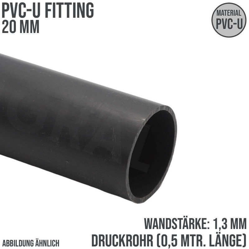 20 x 1,3 mm PVC Klebe Fitting Druck Kunststoff Rohr grau - 0,5 m Fixlänge - PN 10 bar
