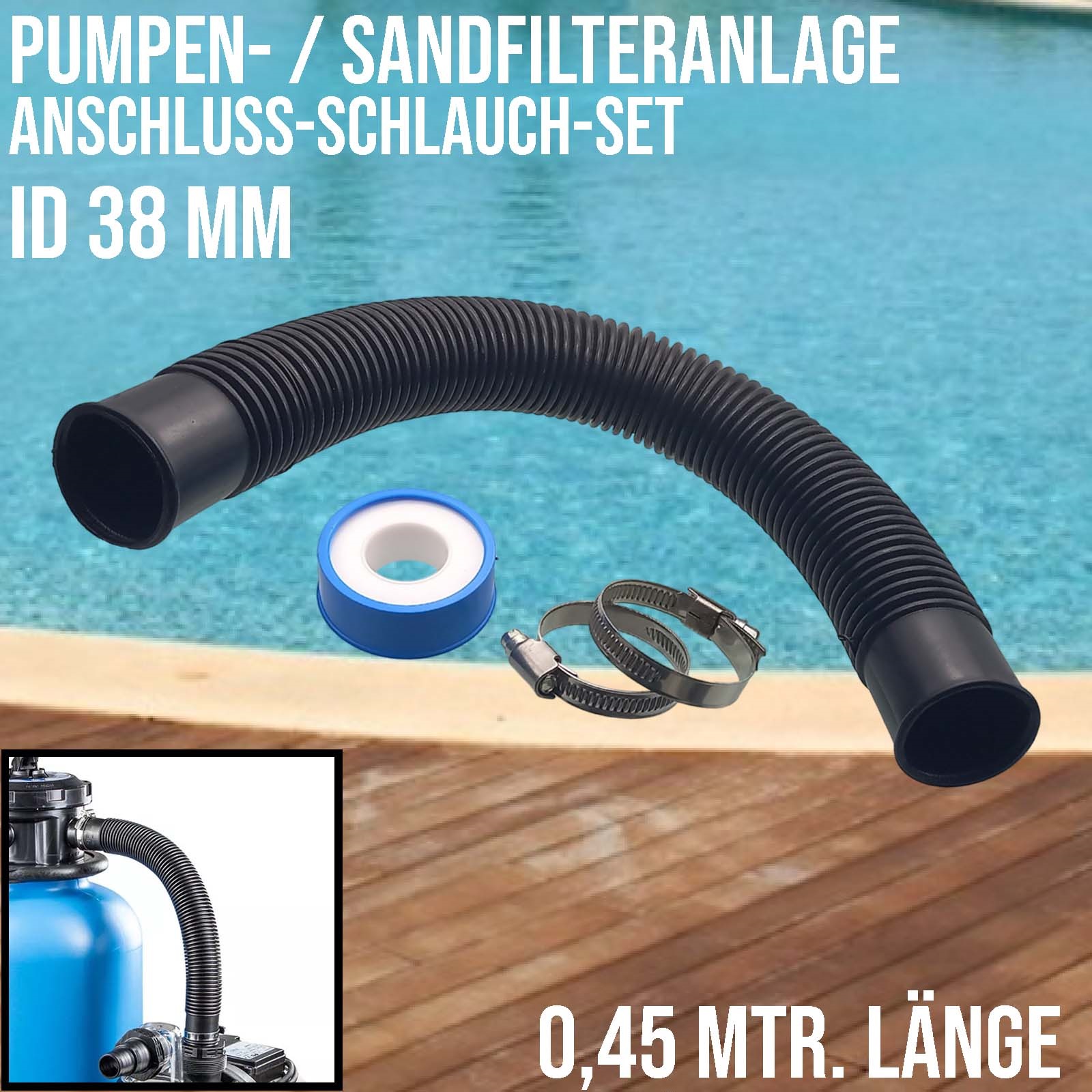 38 mm Pool Schwimmbad Pumpen Sandfilter Anschluss Schlauch Set 0,45m schwarz