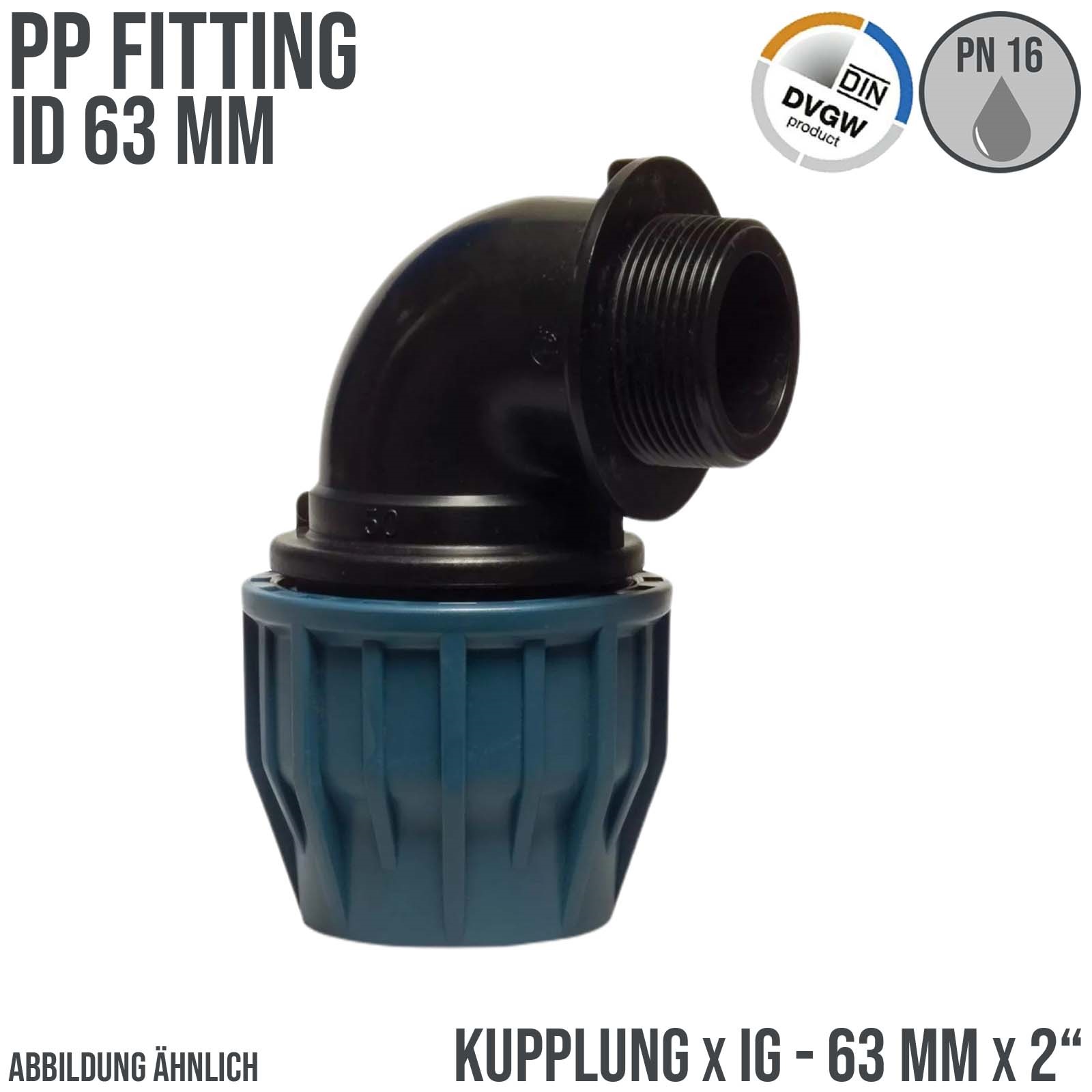 63 mm x 2" PE PP Fitting Klemm Verbinder Verschraubung Rohr Winkel 90° x AG DVGW - PN 16 bar 