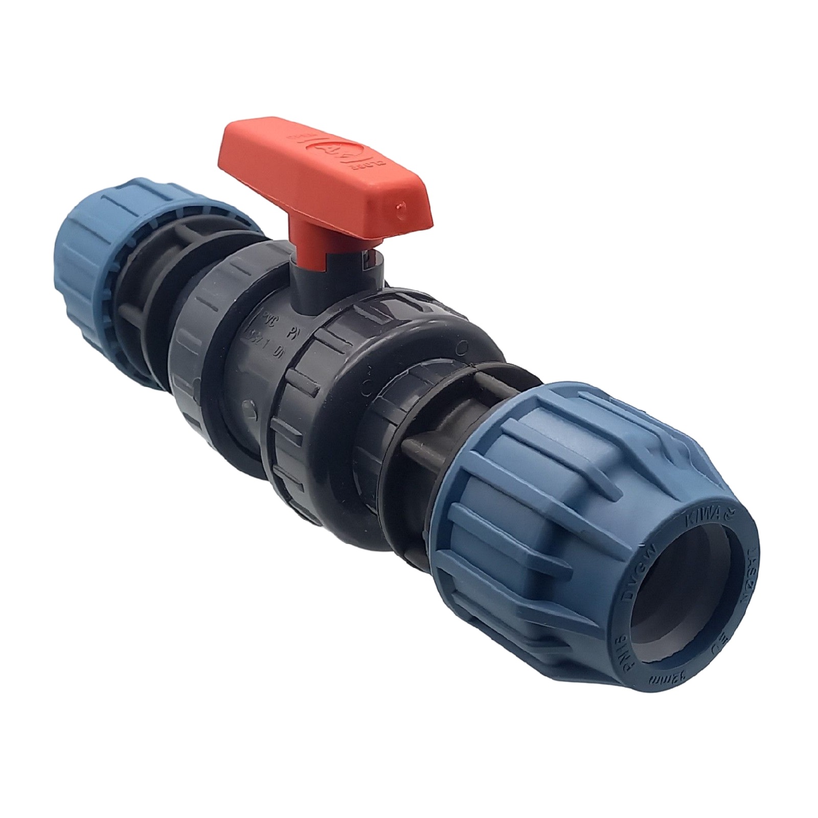 75 mm PE PP Fitting Klemm Verbinder Verschraubung Kugelhahn (rot) mit 2-fach Muffe