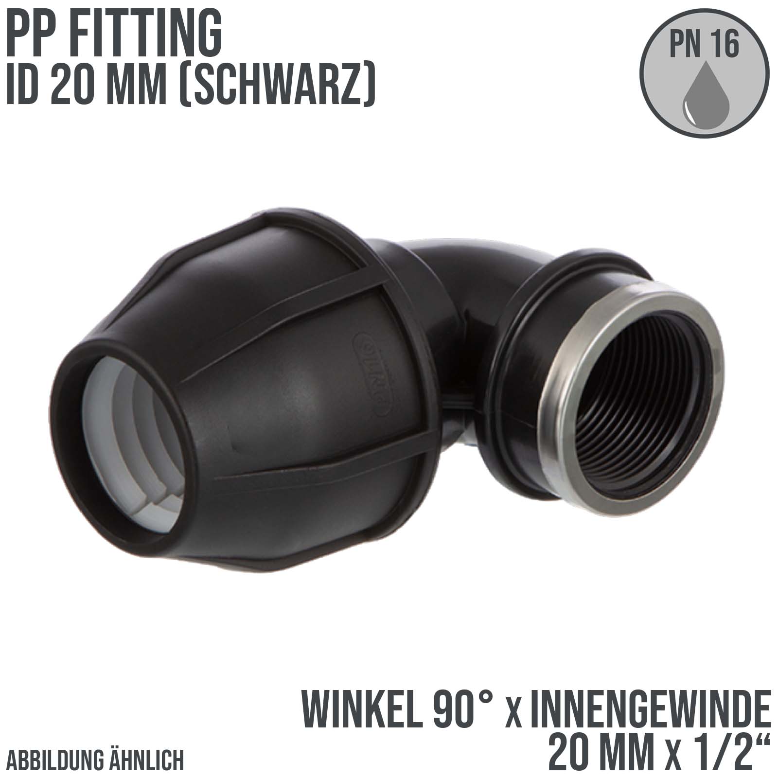 20 mm x 1/2" PE PP Fitting Klemm Verbinder Verschraubung Rohr Winkel 90° x IG schwarz - PN 16 bar 