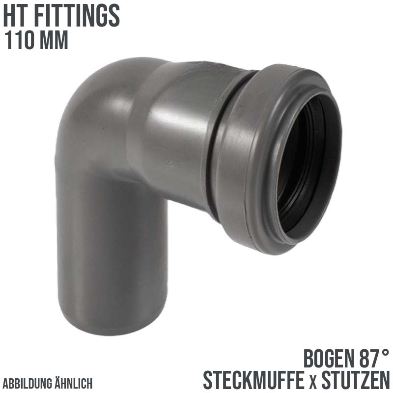 110 mm PP Bogen 87° Abzweig Abfluß Abwasser HT KG Rohr Steckmuffe x Stutzen grau