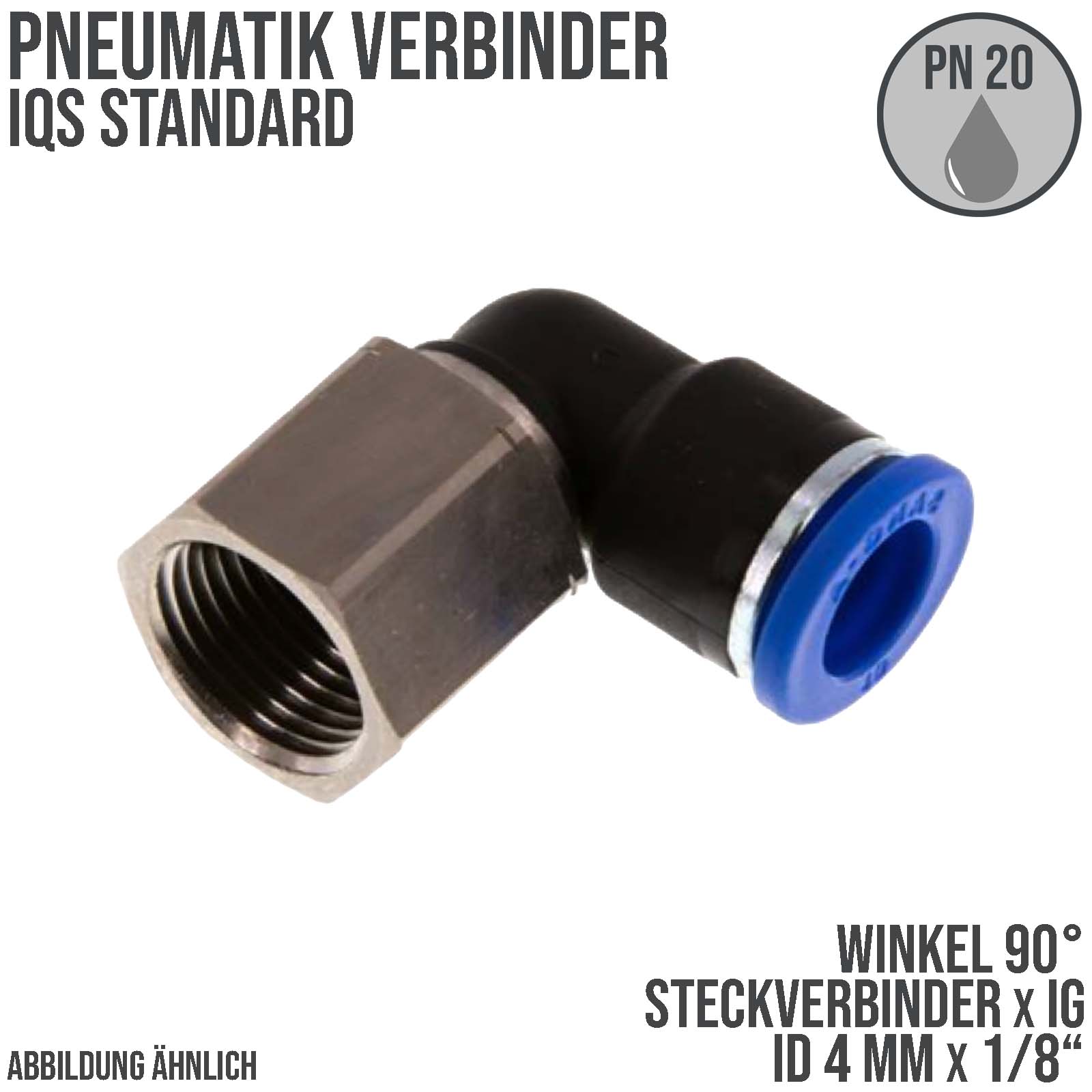 4 mm x 1/8" Pneumatik Steck Verbinder Winkel 90° IQS Innengewinde - PN 20 bar