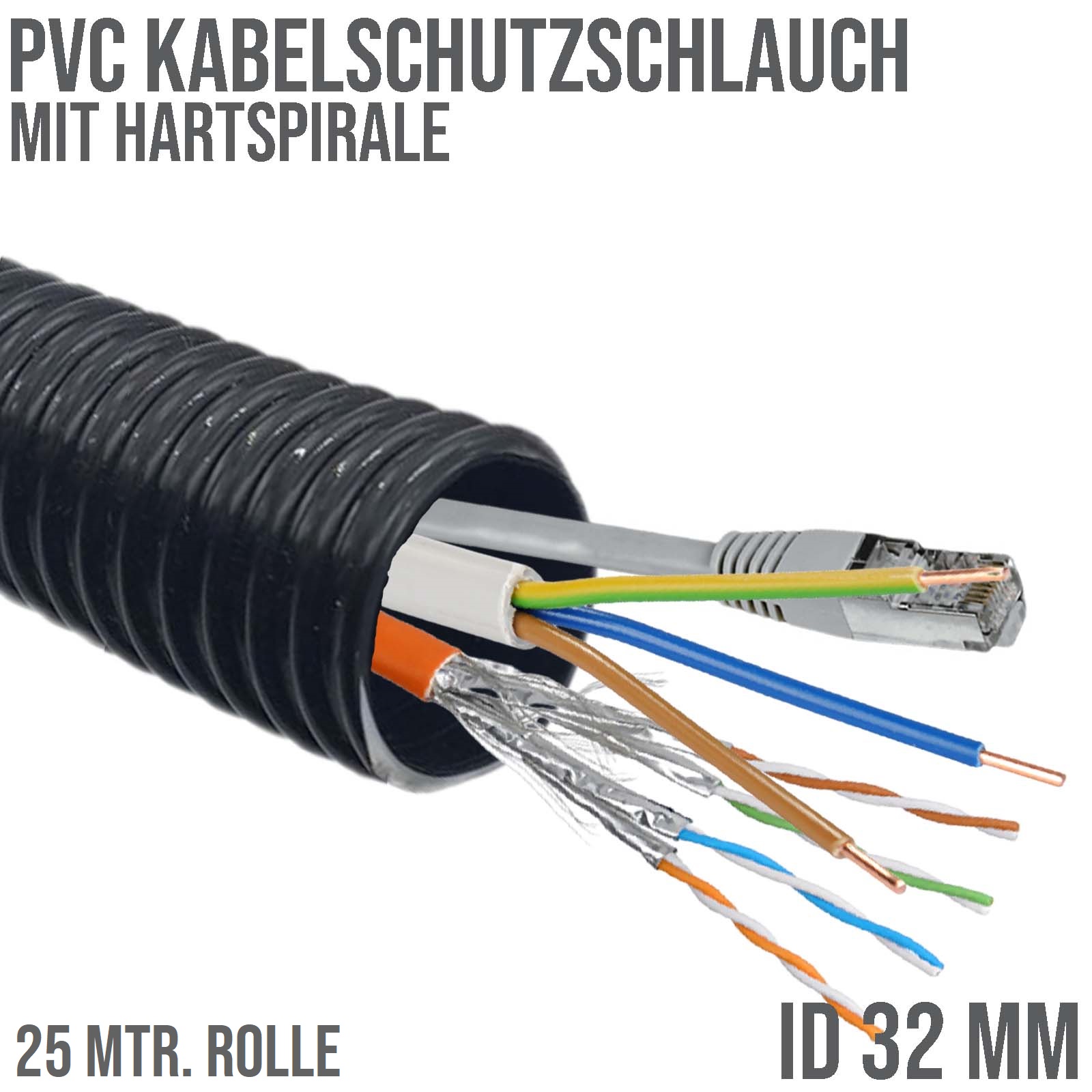 32 mm 1 1/4" Zoll PVC Kabel Schutz Leer Spiral Schlauch Rohr Leitung Strom Wellrohr - 25 m