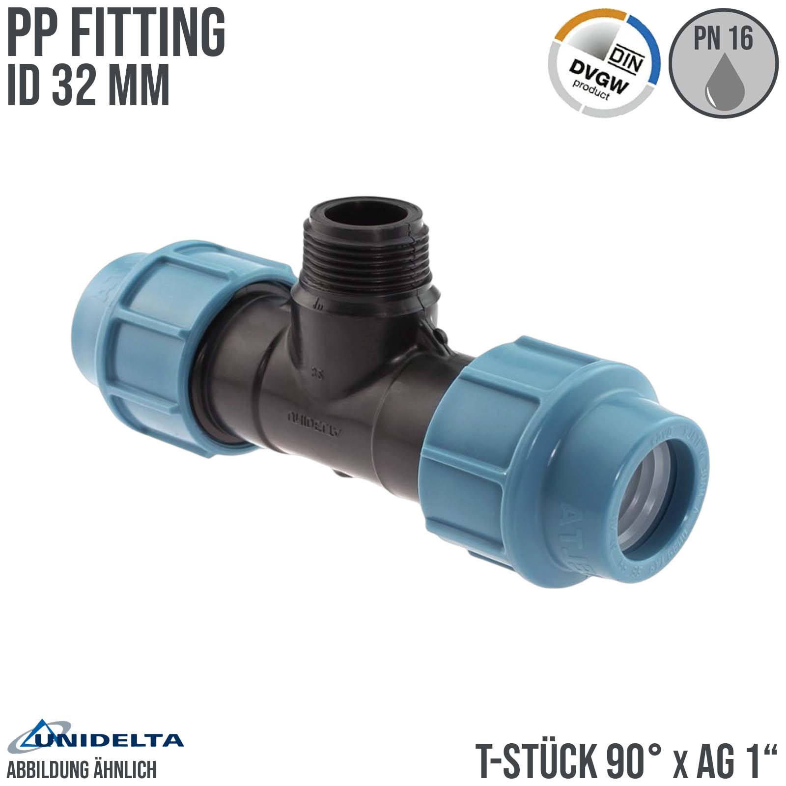 32 mm x 1" PE PP Fitting Klemm Verbinder Verschraubung Rohr T-Stück 90° x AG DVGW - Unidelta 