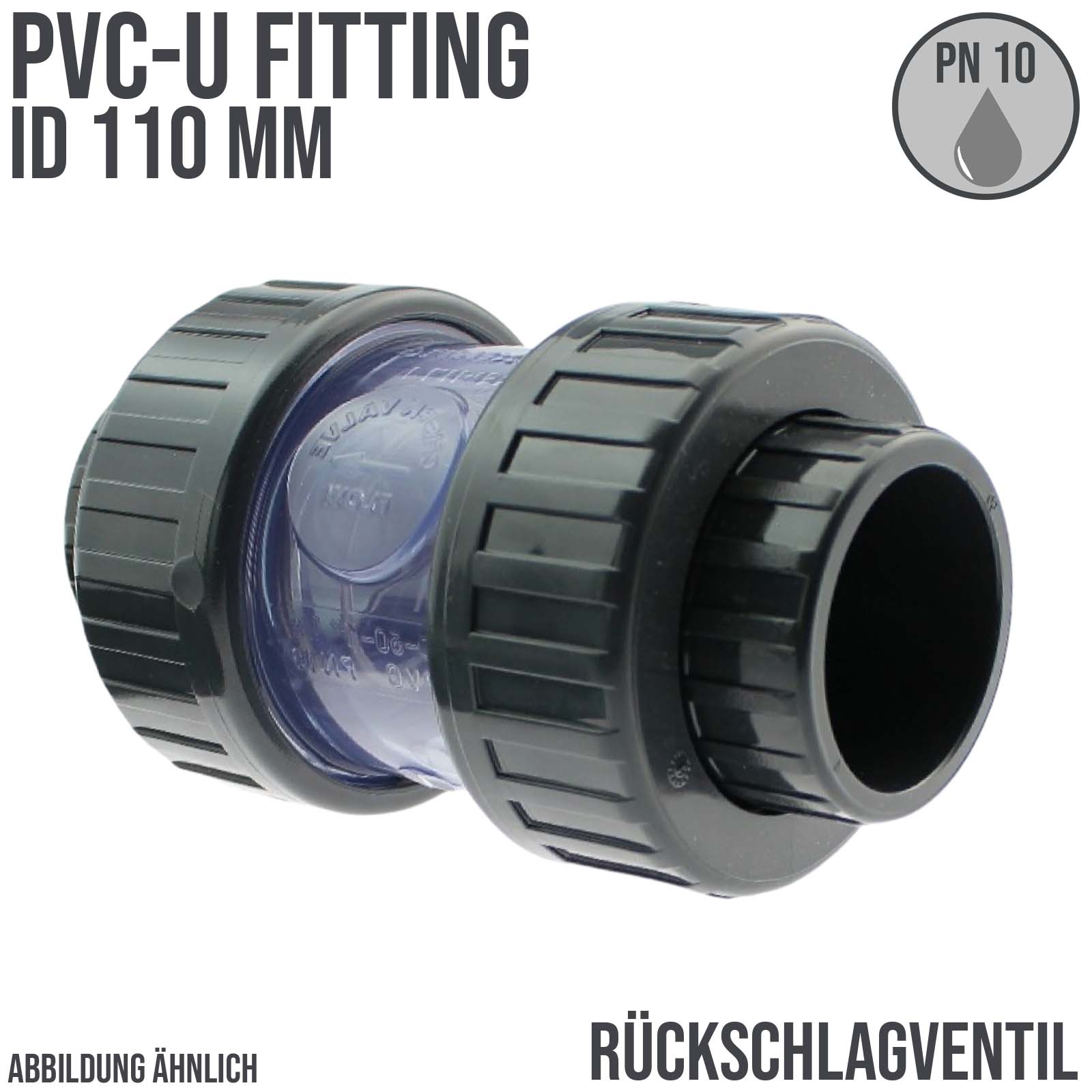 110 mm PVC Rückschlag Ventil federbelastet Klebe Muffe transparent grau - PN 10 bar