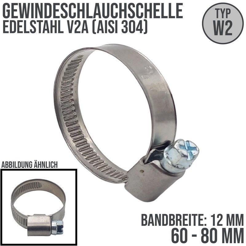 60 - 80 mm Schlauchschelle W2 Edelstahl AISI 430 Rohr Gewinde Schelle (Band 12 mm)