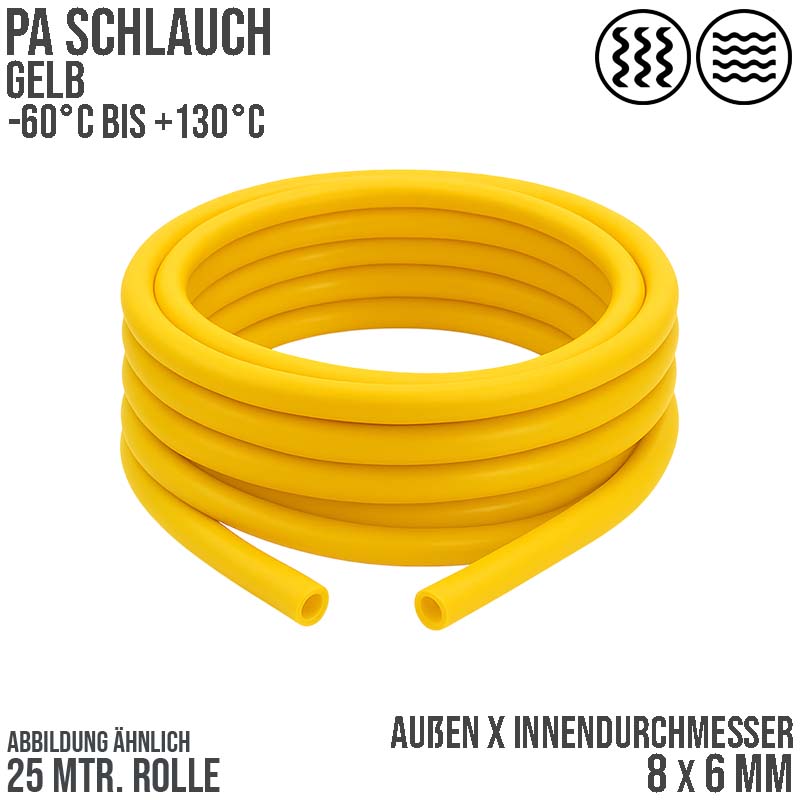 8 x 6 mm Polyamid PA Pneumatik Schlauch gelb - PN 19 bar - 25 m